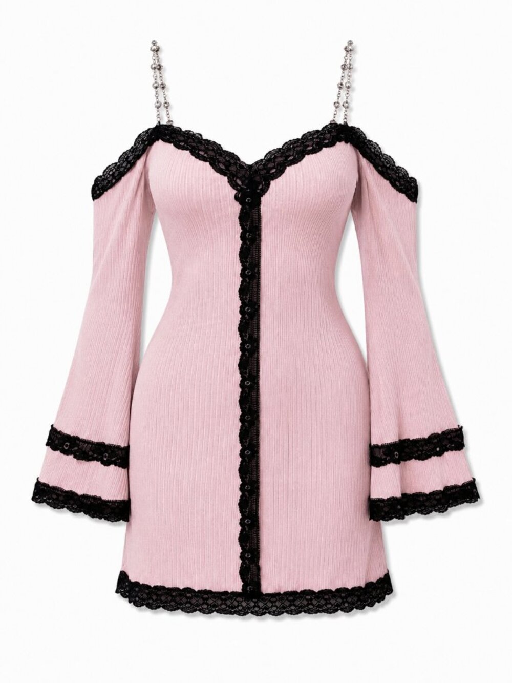 Sexy V-Neck Long Sleeve Cold Shoulder Lace Patchwork Mini Dress